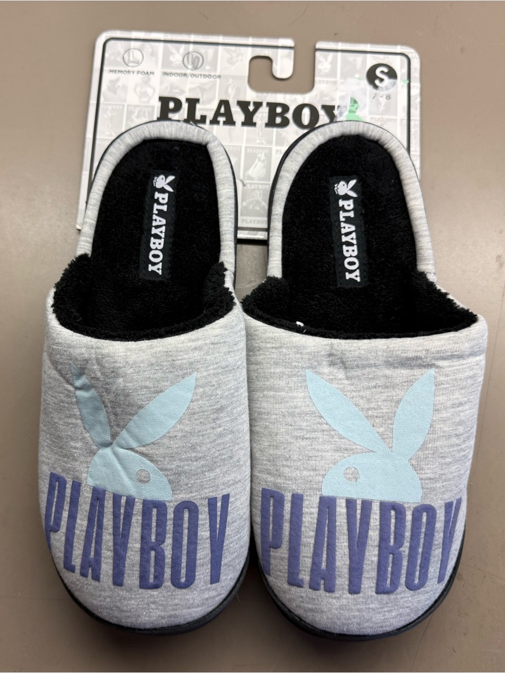 New w/Tags Playboy Grey Black Fur Slippers Bunny Logo Memory Foam Size Small 7-8